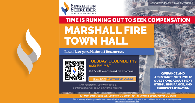 An event flyer for the Marshall Fire Town Hall event