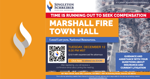 An event flyer for the Marshall Fire Town Hall event