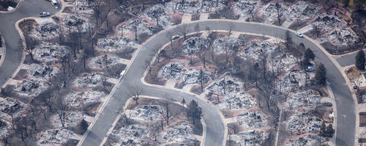 Bird's eye view of burned out neighborhood.